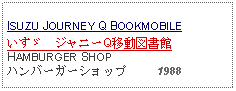 Text Box: ISUZU JOURNEY Q BOOKMOBILEいすゞ　ジャニーQ移動図書館HAMBURGER SHOP ハンバーガーショップ     1988