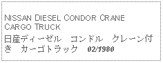 Text Box:            NISSAN DIESEL CONDOR CRANE CARGO TRUCK日産ディーゼル　コンドル　クレーン付き　カーゴトラック  02/1980