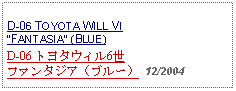 Text Box: D-06 TOYOTA WILL VI FANTASIA (BLUE)D-06 トヨタウィル6世ファンタジア（ブルー） 12/2004