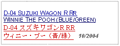 Text Box: D-04 SUZUKI WAGON R RR WINNIE THE POOH (BLUE/GREEN)D-04 スズキワゴンR RRウィニー・プー（青/緑）   10/2004