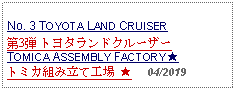 Text Box: No. 3 TOYOTA LAND CRUISER 第3弾 トヨタランドクルーザーTOMICA ASSEMBLY FACTORY ★トミカ組み立て工場 ★     04/2019