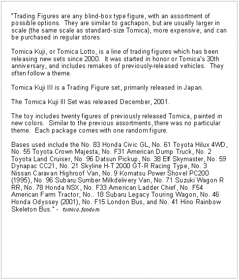 Text Box: Trading Figures are any blind-box type figure, with an assortment of possible options.  They are similar to gachapon, but are usually larger in scale (the same scale as standard-size Tomica), more expensive, and can be purchased in regular stores.Tomica Kuji, or Tomica Lotto, is a line of trading figures which has been releasing new sets since 2000.  It was started in honor or Tomicas 30th anniversary, and includes remakes of previously-released vehicles.  They often follow a theme.Tomica Kuji III is a Trading Figure set, primarily released in Japan.The Tomica Kuji III Set was released December, 2001.The toy includes twenty figures of previously released Tomica, painted in new colors.  Similar to the previous assortments, there was no particular theme.  Each package comes with one random figure.Bases used include the No. 83 Honda Civic GL, No. 61 Toyota Hilux 4WD, No. 55 Toyota Crown Majesta, No. F31 American Dump Truck, No. 2 Toyota Land Cruiser, No. 96 Datsun Pickup, No. 38 Elf Skymaster, No. 59 Dynapac CC21, No. 21 Skyline H-T 2000 GT-R Racing Type, No. 3 Nissan Caravan Highroof Van, No. 9 Komatsu Power Shovel PC200 (1995), No. 96 Subaru Sumber Milkdelivery Van, No. 71 Suzuki Wagon R RR, No. 78 Honda NSX, No. F33 American Ladder Chief, No. F54 American Farm Tractor, No.. 18 Subaru Legacy Touring Wagon, No. 46 Honda Odyssey (2001), No. F15 London Bus, and No. 41 Hino Rainbow Skeleton Bus. -  tomica.fandom