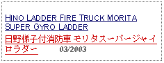 Text Box: HINO LADDER FIRE TRUCK MORITA SUPER GYRO LADDER日野梯子付消防車 モリタスーパージャイロラダー     03/2003