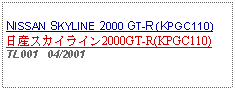 Text Box:            NISSAN SKYLINE 2000 GT-R (KPGC110)日産スカイライン2000GT-R(KPGC110)TL001   04/2001