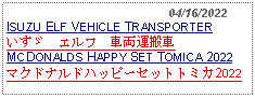 Text Box:                                              04/16/2022ISUZU ELF VEHICLE TRANSPORTERいすゞ　エルフ　車両運搬車 MCDONALDS HAPPY SET TOMICA 2022マクドナルドハッピーセットトミカ2022