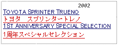 Text Box:                                              2002TOYOTA SPRINTER TRUENO トヨタ　スプリンタートレノ1ST ANNIVERSARY SPECIAL SELECTION1周年スペシャルセレクション