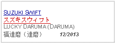 Text Box: SUZUKI SWIFTスズキスウィフトLUCKY DARUMA (DARUMA)福達磨（達磨）     12/2013