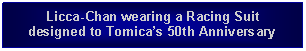 Text Box: Licca-Chan wearing a Racing Suit designed to Tomicas 50th Anniversary