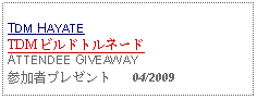 Text Box: TDM HAYATETDM ビルドトルネード ATTENDEE GIVEAWAY参加者プレゼント   04/2009