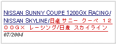 Text Box: NISSAN SUNNY COUPE 1200GX RACING/NISSAN SKYLINE/日産 サニー クーペ １２００ＧＸ レーシング/日産 スカイライン     07/2004